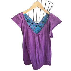 Purple Deep V Neck Pullover Cotton Top Lace Embroidery Back Women Size Large